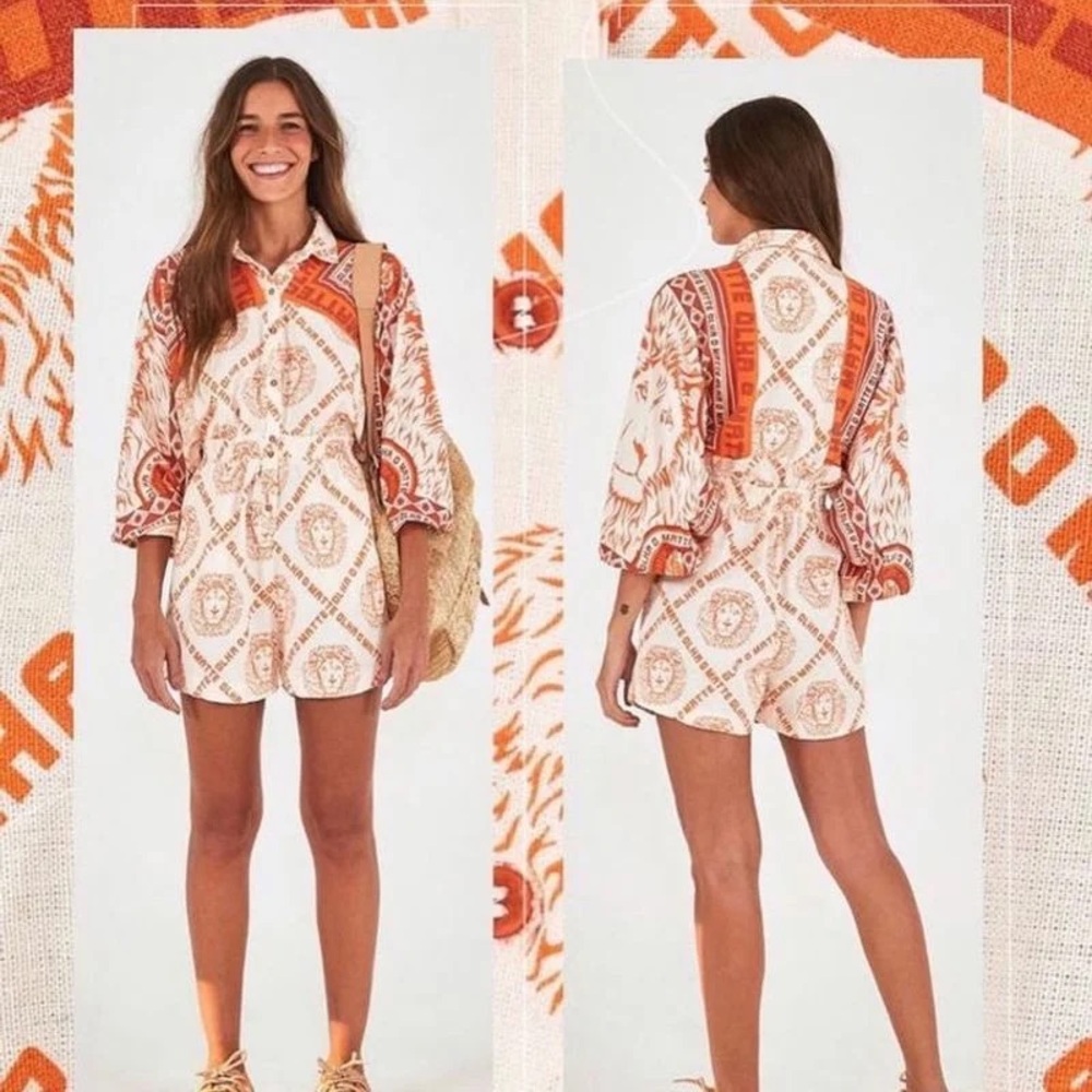 FARM Rio Cream & Orange Printed Button Romper